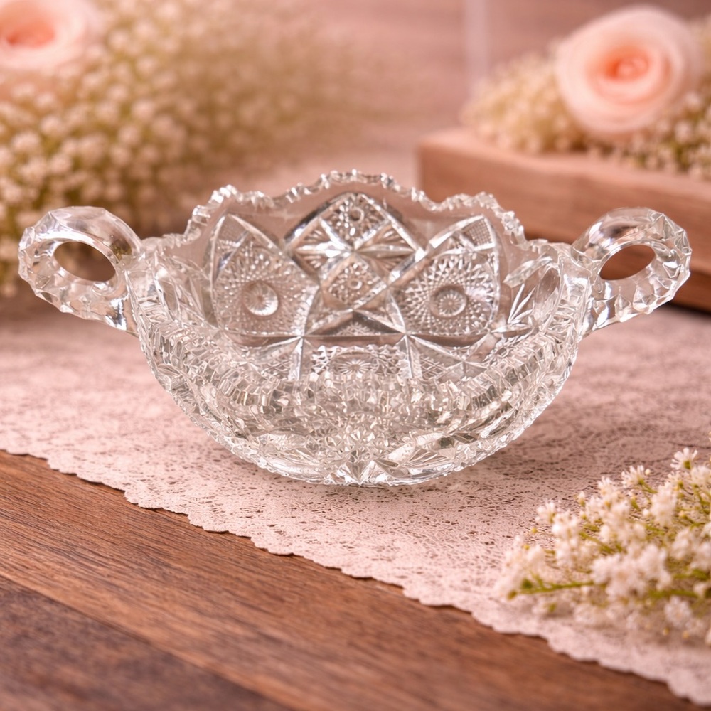 IMPERIAL CUT‎ GLASS NAPPY BOWL HANDLED CLEAR